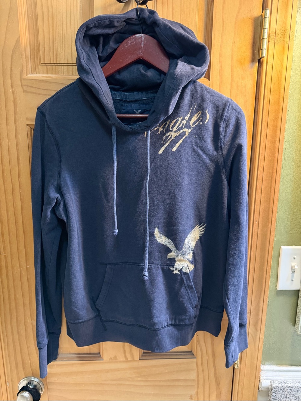 American Eagle Outfitters Navy Hoodie with Gold Eagle Graphic